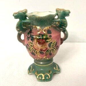 VtgJapan Ceramic Double Handle Flying Dragon Bud Vase Green Pink Gold
